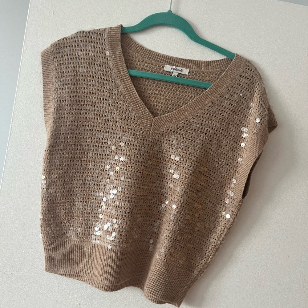 Madewell Tan V-Neck Sweater with Sequins
